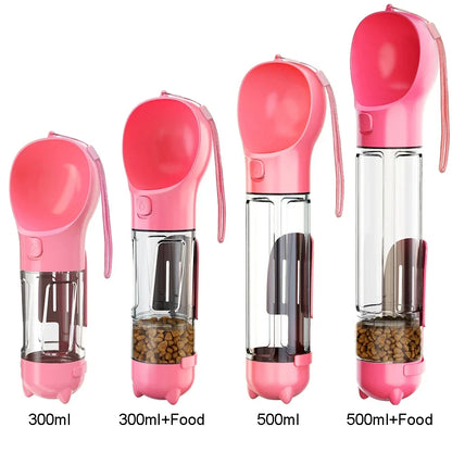 Portable dog and cat water bottle, food feeder and drinking fountain, three in one pet waste dispenser