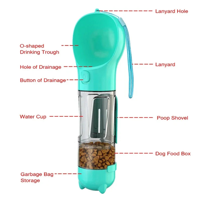 Portable dog and cat water bottle, food feeder and drinking fountain, three in one pet waste dispenser