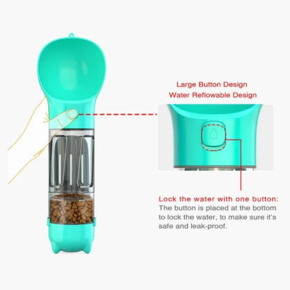 Portable dog and cat water bottle, food feeder and drinking fountain, three in one pet waste dispenser