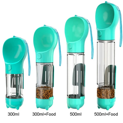 Portable dog and cat water bottle, food feeder and drinking fountain, three in one pet waste dispenser