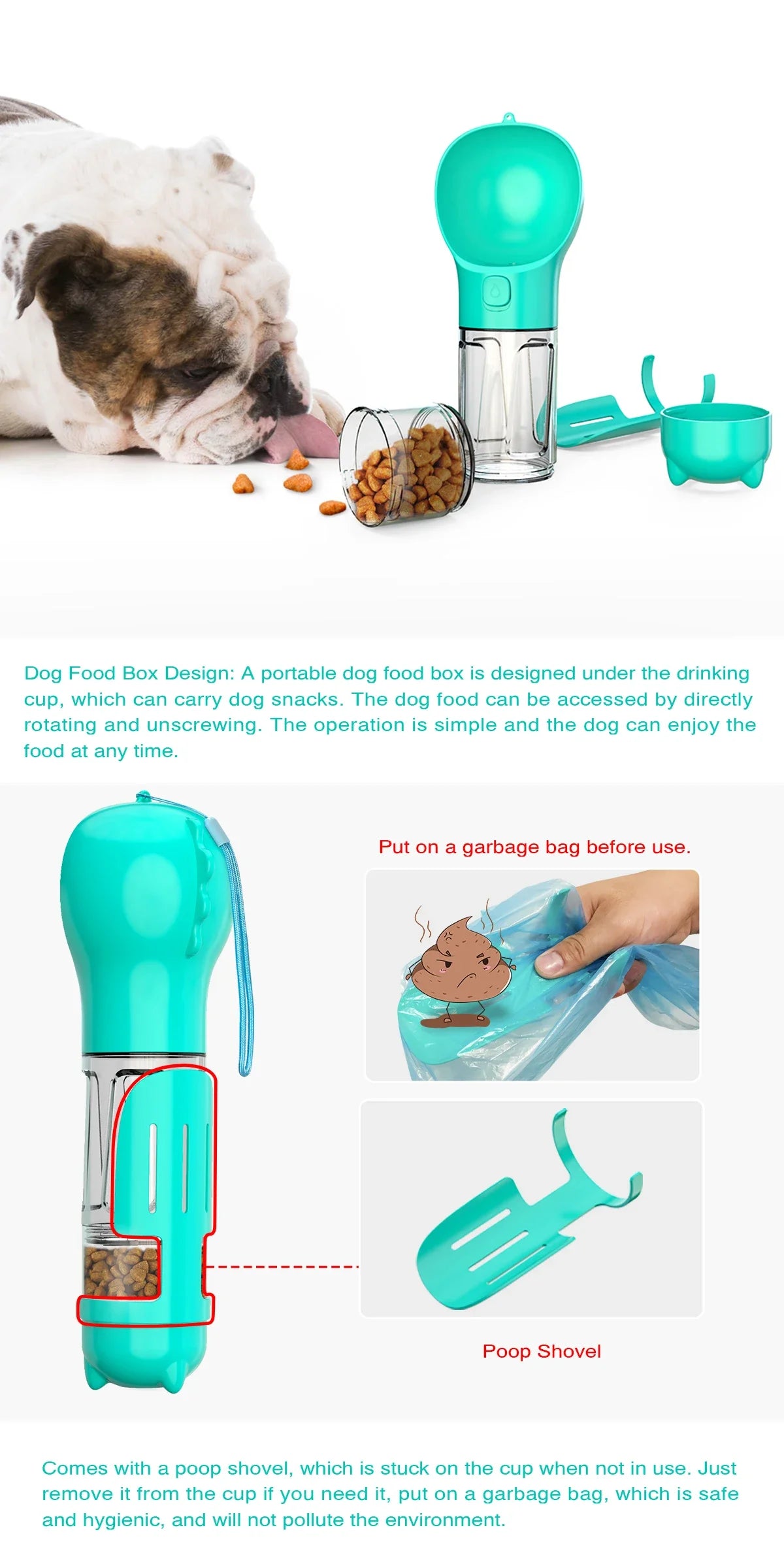 Portable dog and cat water bottle, food feeder and drinking fountain, three in one pet waste dispenser