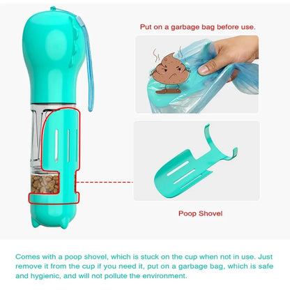 Portable dog and cat water bottle, food feeder and drinking fountain, three in one pet waste dispenser