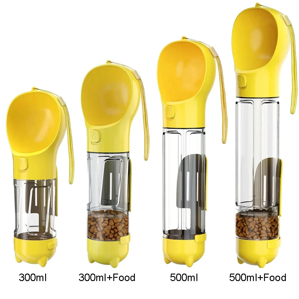 Portable dog and cat water bottle, food feeder and drinking fountain, three in one pet waste dispenser