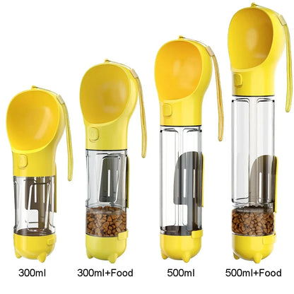 Portable dog and cat water bottle, food feeder and drinking fountain, three in one pet waste dispenser