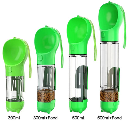 Portable dog and cat water bottle, food feeder and drinking fountain, three in one pet waste dispenser